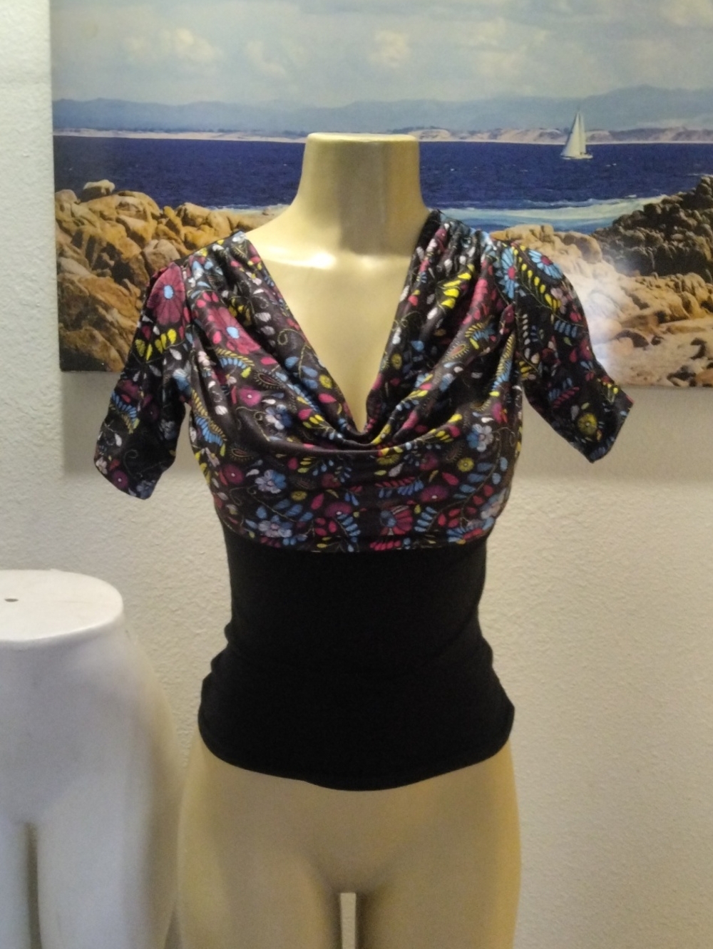 Ay Guey Black Crop Top with Colorful Floral Cowl Neck